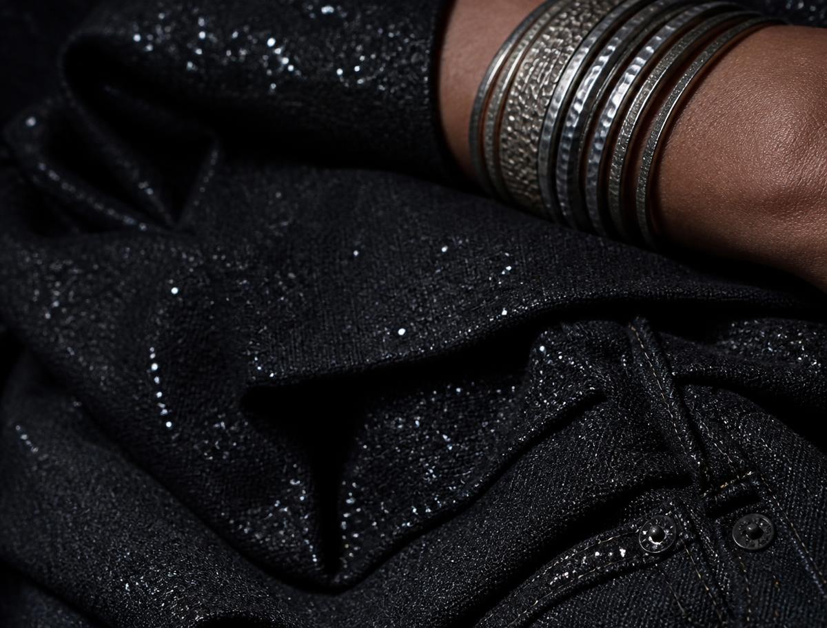 Detalhe de jeans com glitter e braceletes de prata