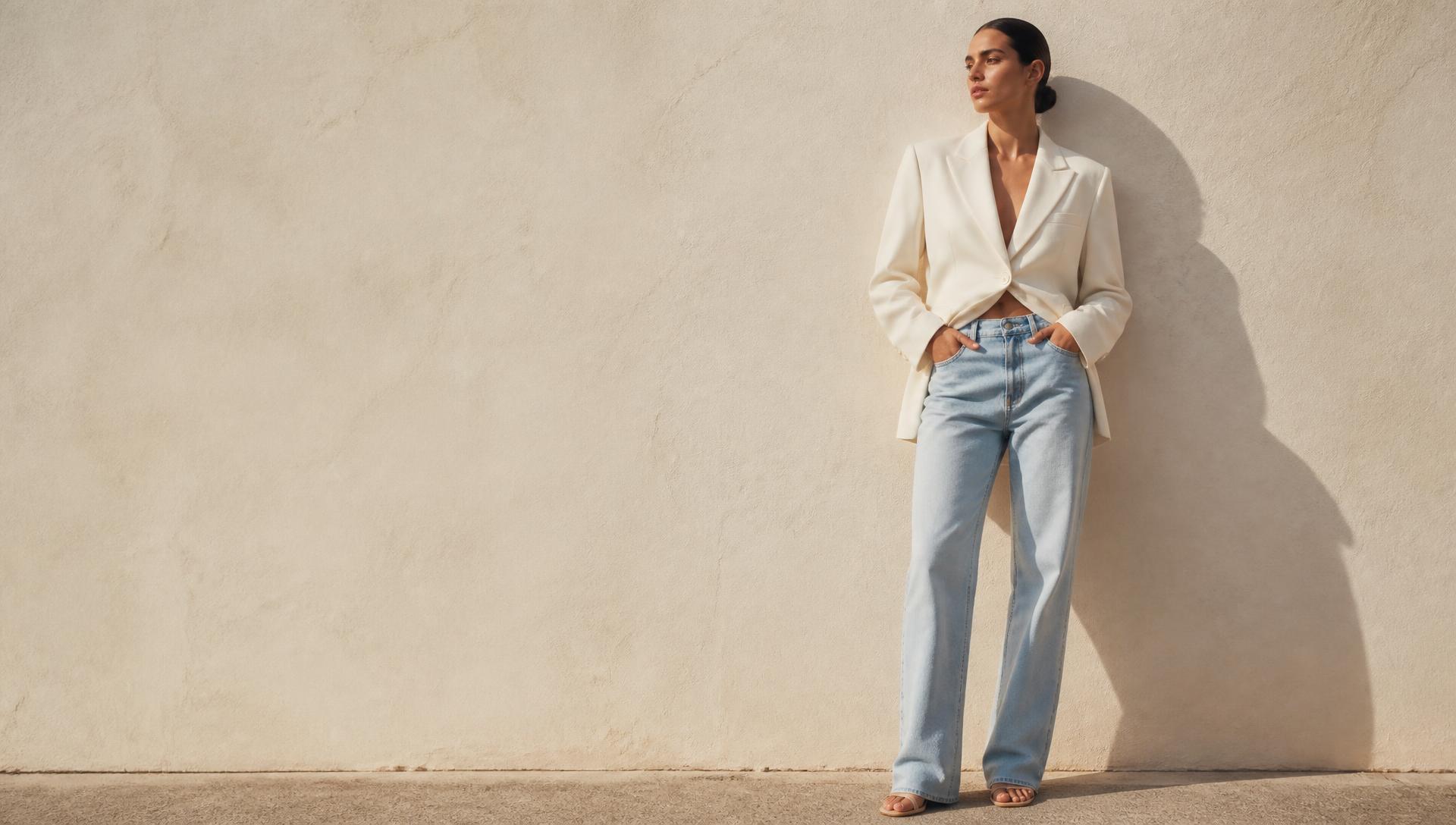 Modelo com jeans reto claro e blazer alfaiataria off-white em parede de reboco